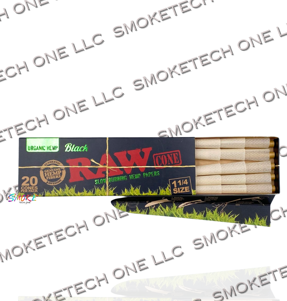 RAW Organic Black Pre-Rolled Cones. 20ct cones per pack. 12 packs per box
