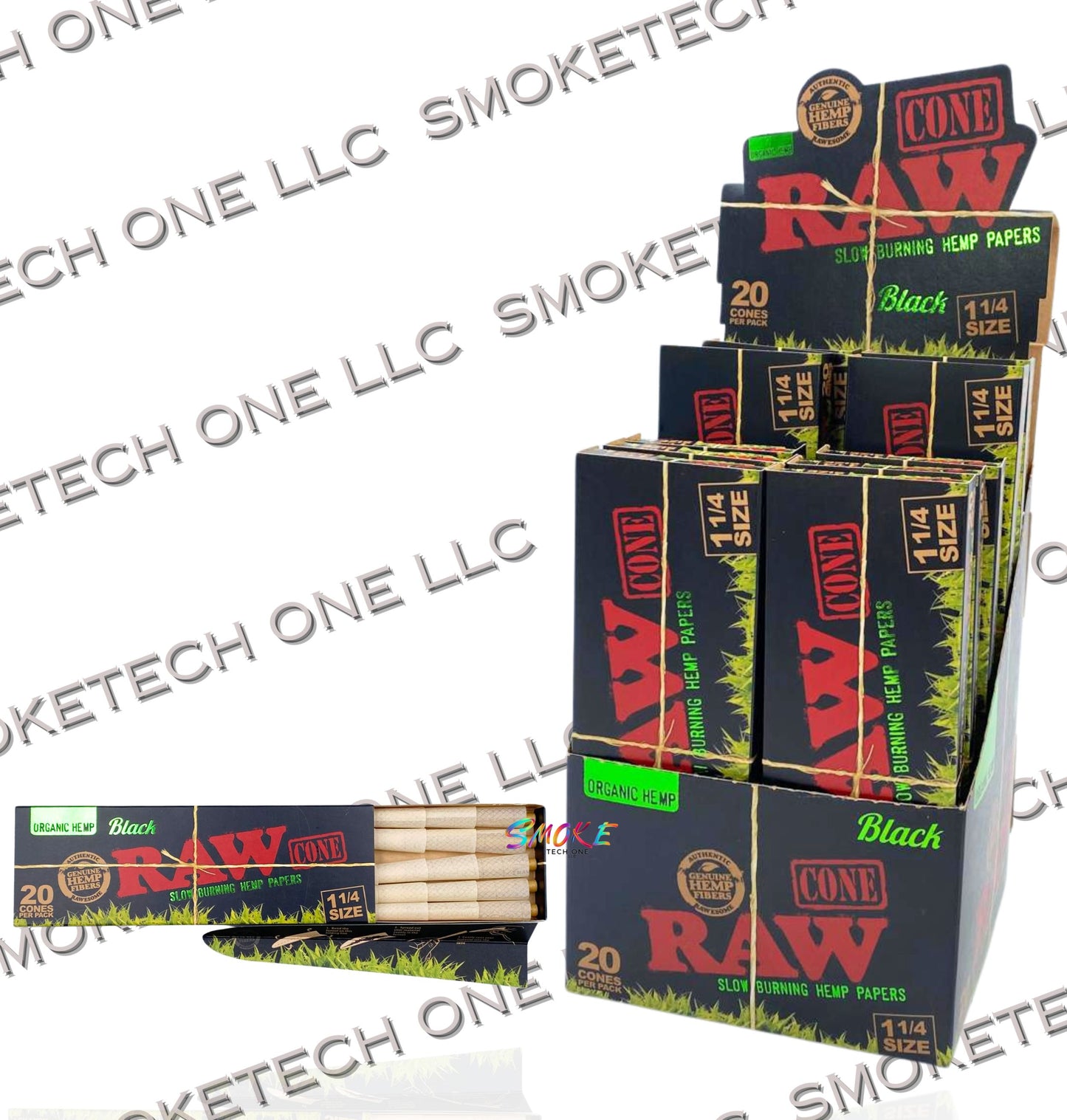 RAW Organic Black Pre-Rolled Cones. 20ct cones per pack. 12 packs per box