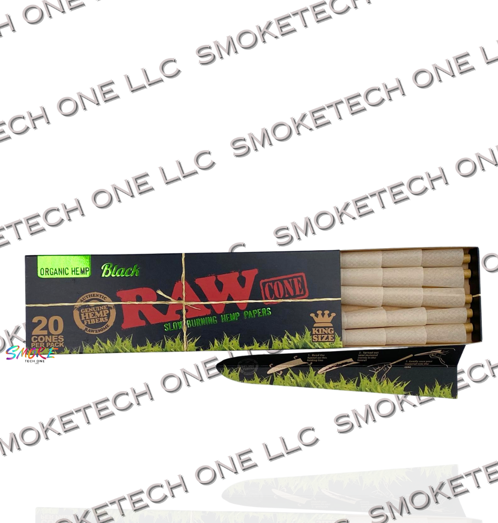 RAW Organic Black Pre-Rolled Cones. 20ct cones per pack. 12 packs per box