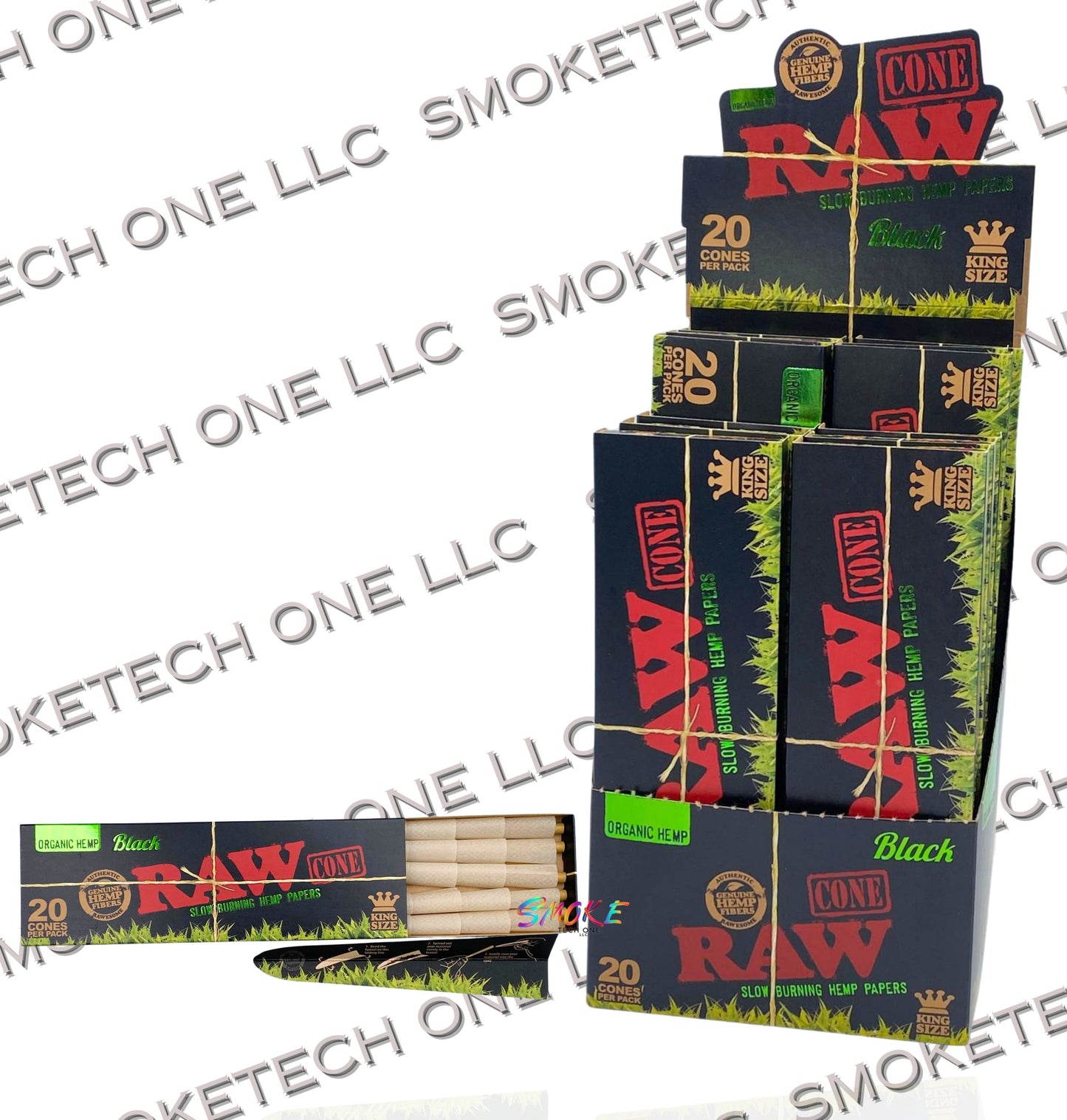 RAW Organic Black Pre-Rolled Cones. 20ct cones per pack. 12 packs per box