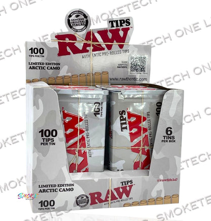 RAW Limited Edition Arctic Camo Pre-Rolled Tips – 100 Tips per Tin (Full Box)