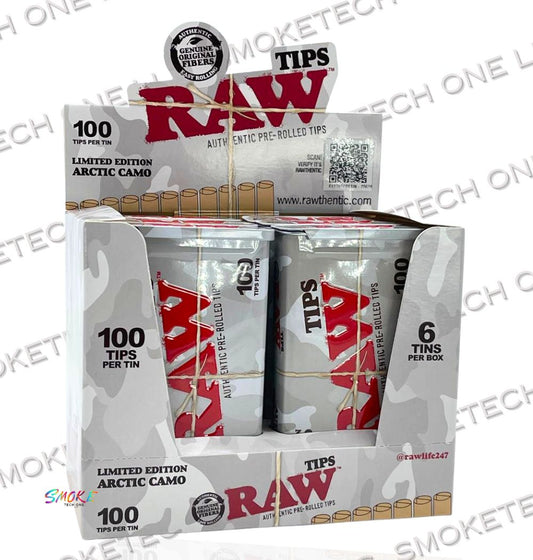 RAW Limited Edition Arctic Camo Pre-Rolled Tips – 100 Tips per Tin (Full Box)