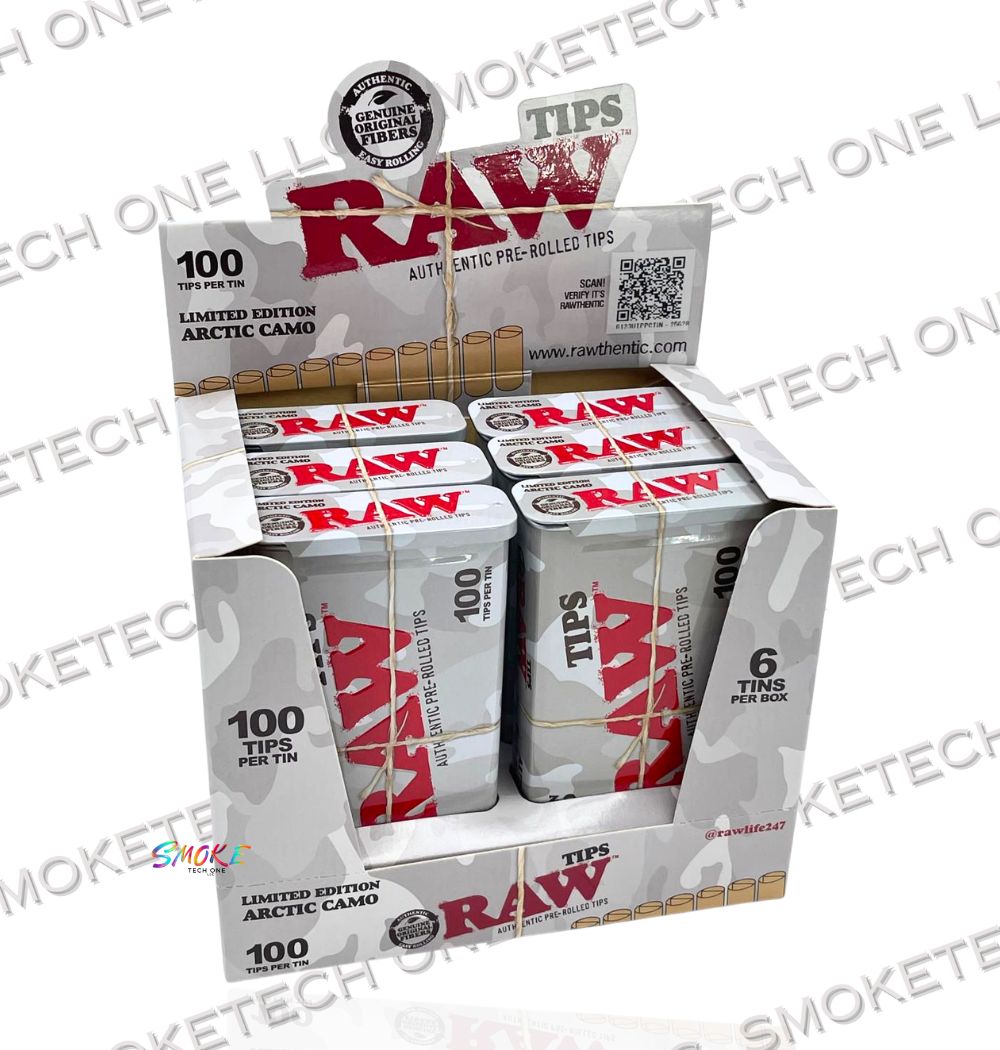 RAW Limited Edition Arctic Camo Pre-Rolled Tips – 100 Tips per Tin (Full Box)