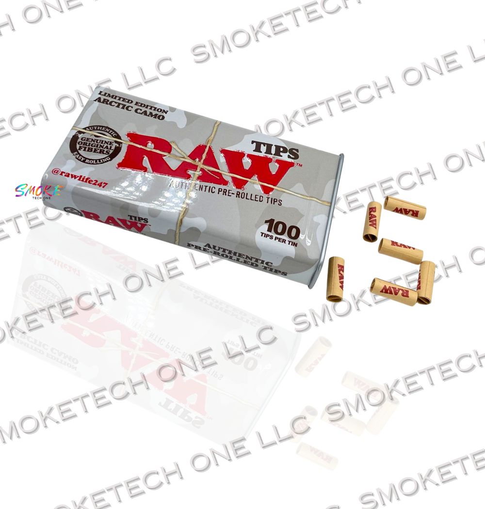 RAW Limited Edition Arctic Camo Pre-Rolled Tips – 100 Tips per Tin (Full Box)